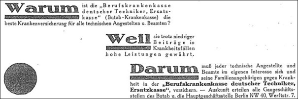 1929 wirbt die Berufskrankenkasse deutscher Techniker (BdT) mit Art déco Elementen um Mitglieder